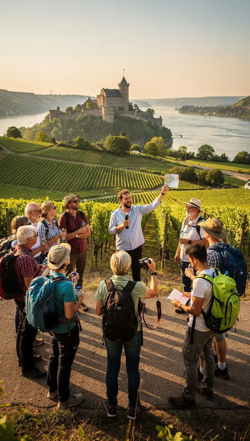 Fachberater erklärt Wanderroute anhand eines digitalen Tablets in einem Wanderplanungsbüro.