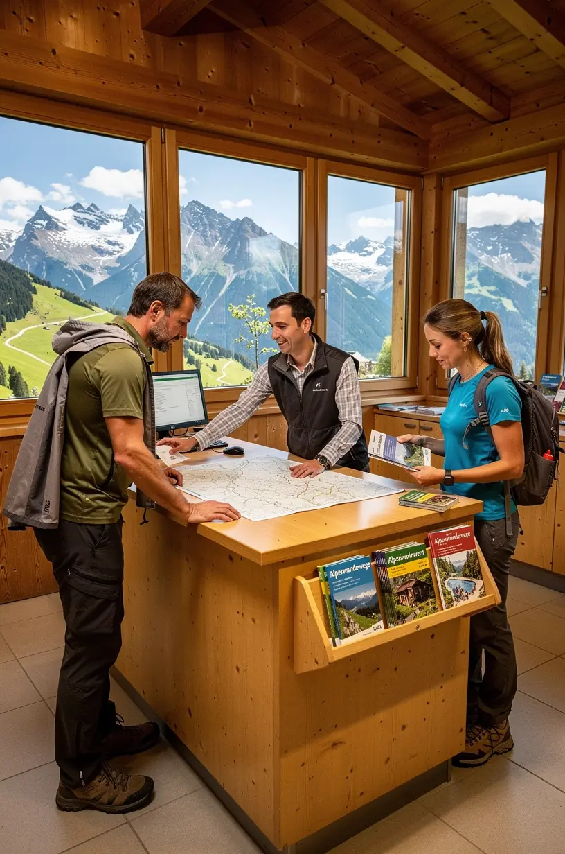 Moderne Ausrüstung für Wandertouren wird in einem Verleihzentrum übersichtlich präsentiert.