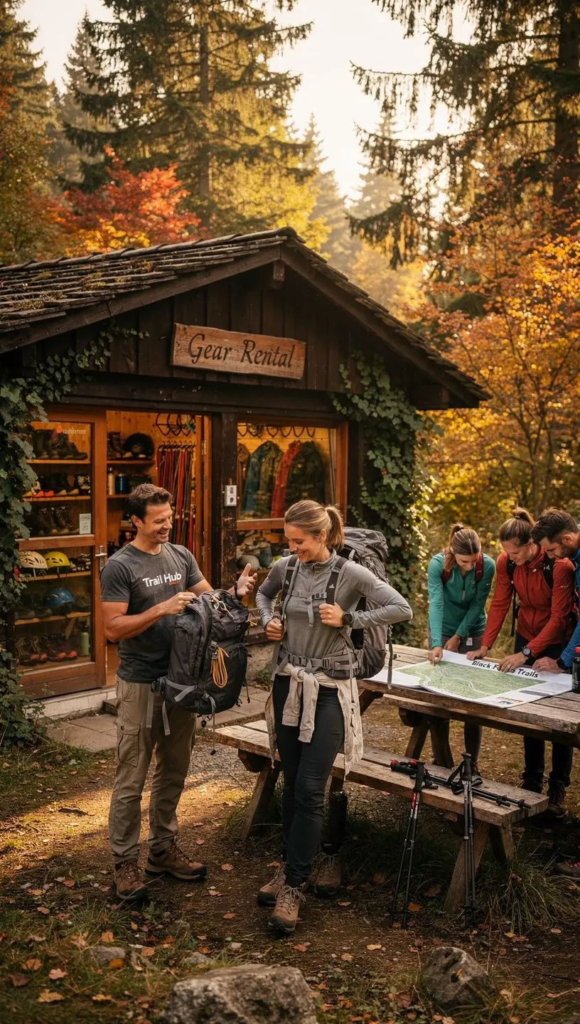 Gruppe von Wanderern beim Start einer geführten Tour durch eine malerische deutsche Landschaft.